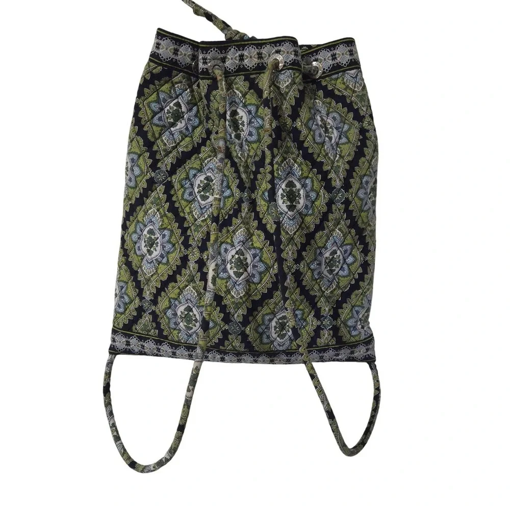 Vera Bradley Retired Cambridge Quilted Cinch Backpack Bag Green Floral Pattern